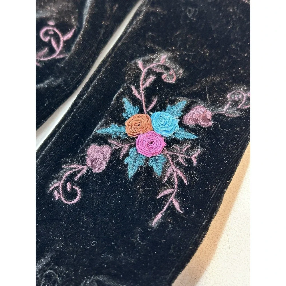 Vintage Black Velvet Gloves – Floral Embroidery Whimsygoth Victorian Cosplay